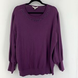 Terra Sky Womens 2X Beaded Round Neck Pullover Sweater Balloon Sleeves Purple‎